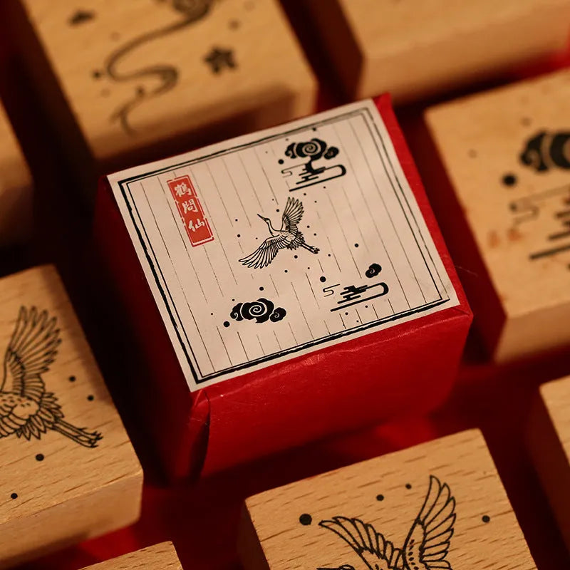 Wooden DIY stamp set with traditional crane designs for stationery decoration