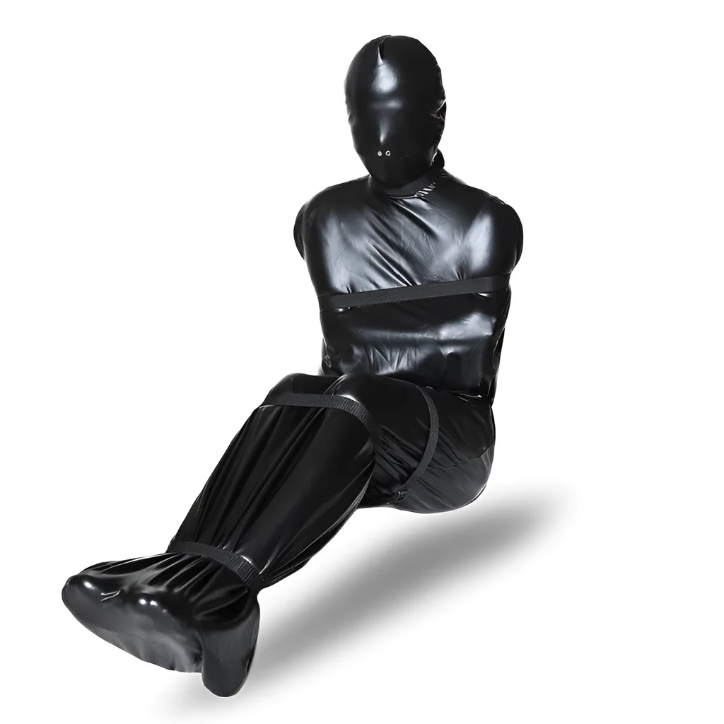 Black patent leather bondage set showing full coverage body wrap with six ratchet tie down restraints