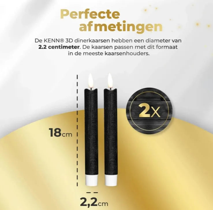 Four black LED taper candles with realistic 3D flame effect, showing measurements of 2.2cm diameter by 18cm height