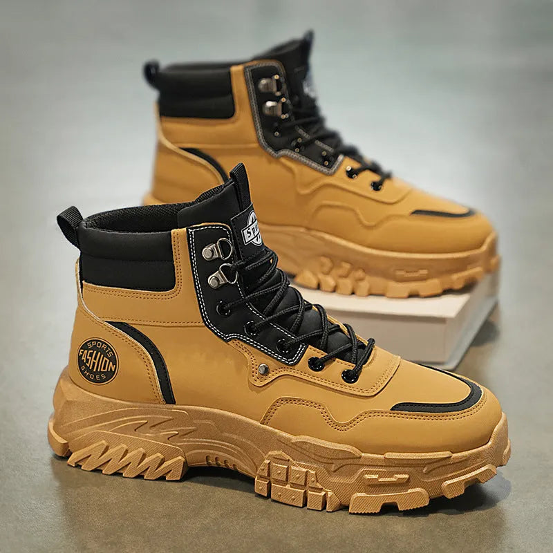Men's black and yellow high-top Martin boots with an artificial PU upper and sturdy sole.