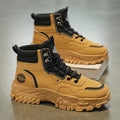 Men's black and yellow high-top Martin boots with an artificial PU upper and sturdy sole.