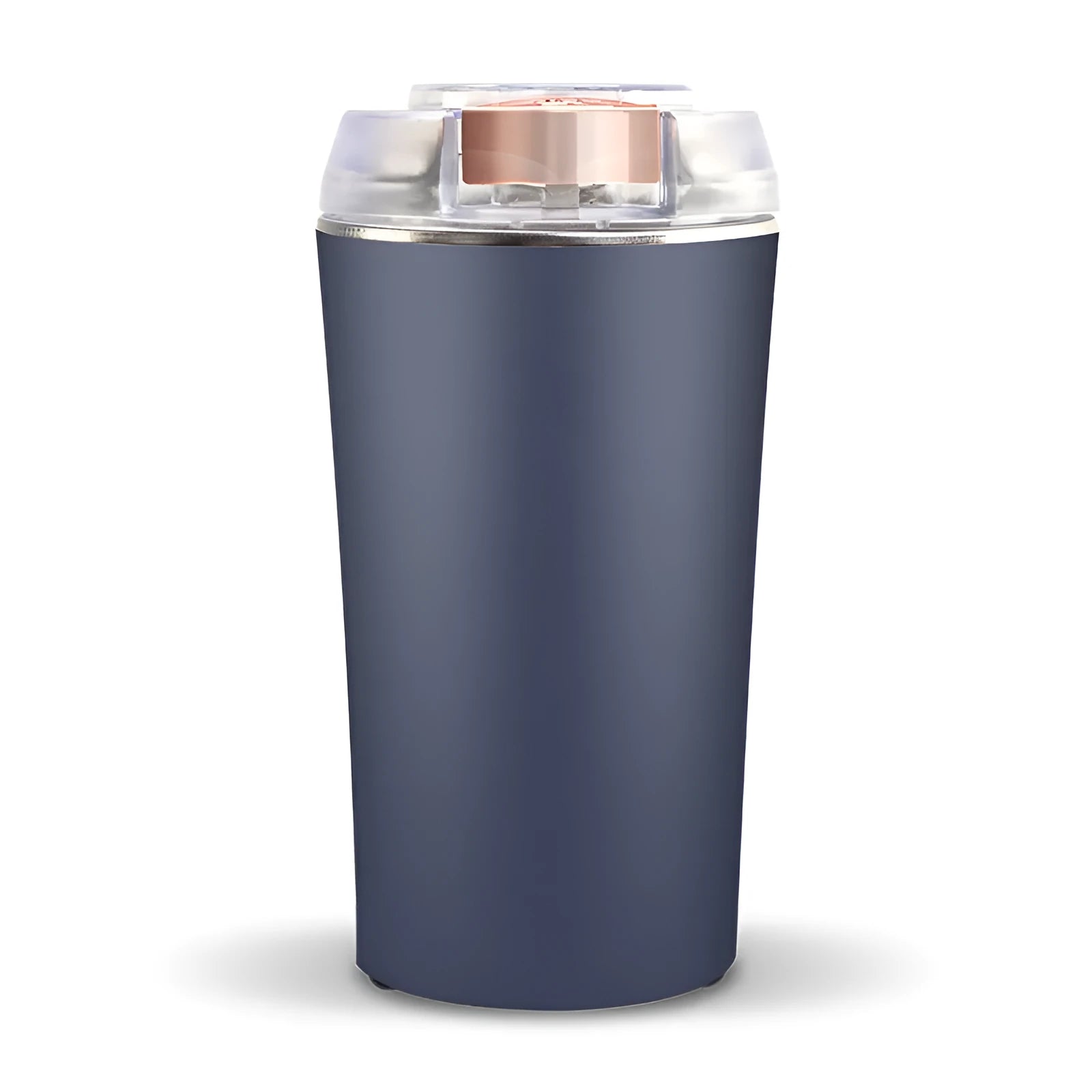 Compact blue mini flour mill and spice grinder made from stainless steel on a kitchen worktop.