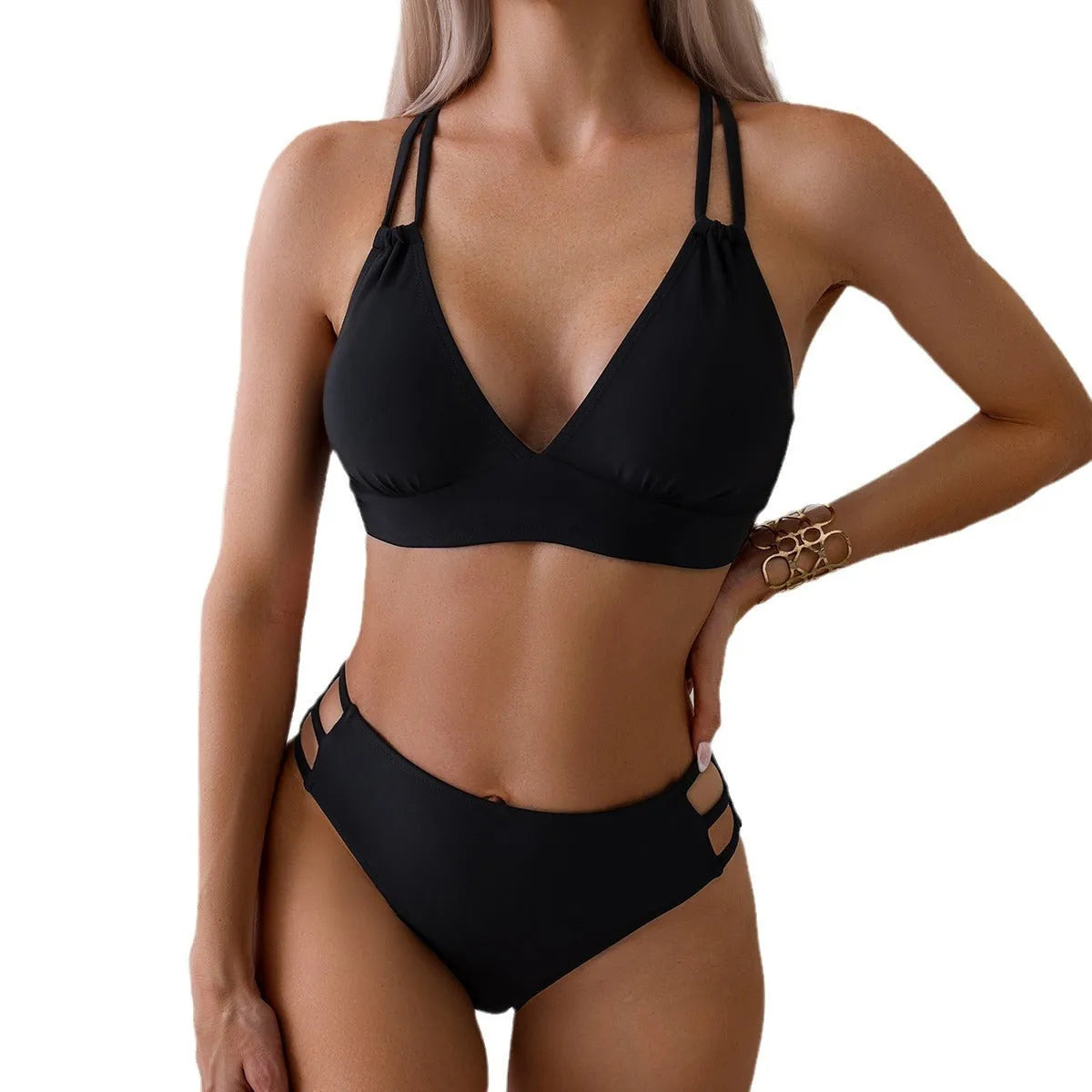 Women's black V-neck halter bikini swimsuit with matching shorts on a mannequin