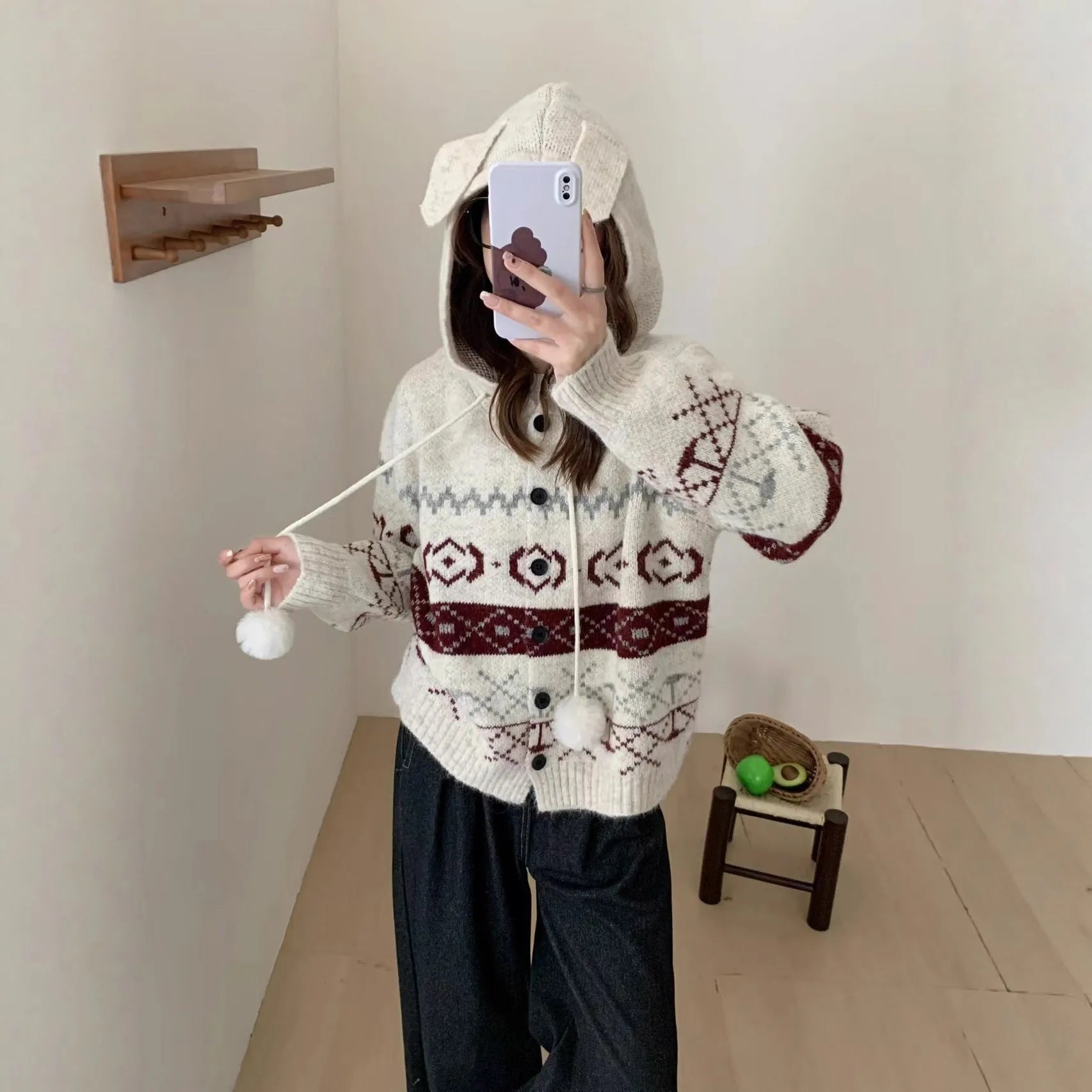 Plus size women's geometric brocade sweater coat in milky white loose fit