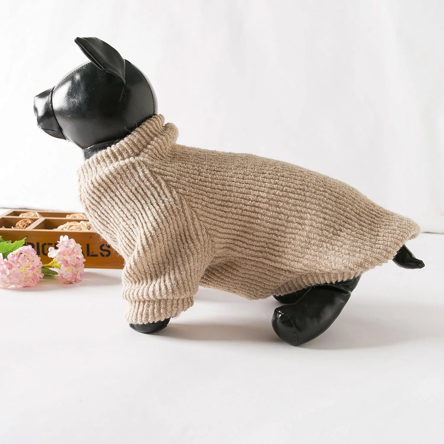 Brown knit pullover sweater on small dog showing casual style and fit