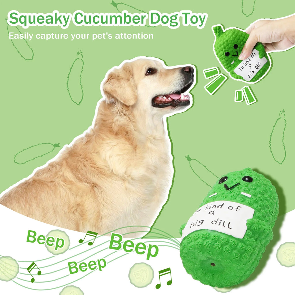 Green pickle-shaped squeaky dog chew toy with textured nubs for dental cleaning