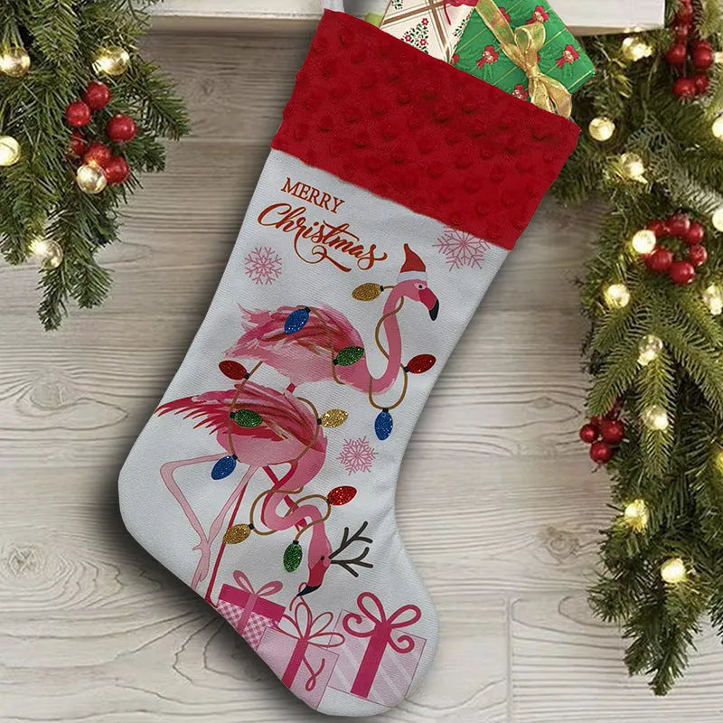 Flamingo Christmas stocking holiday decoration measuring 46cm by 28cm in cloth