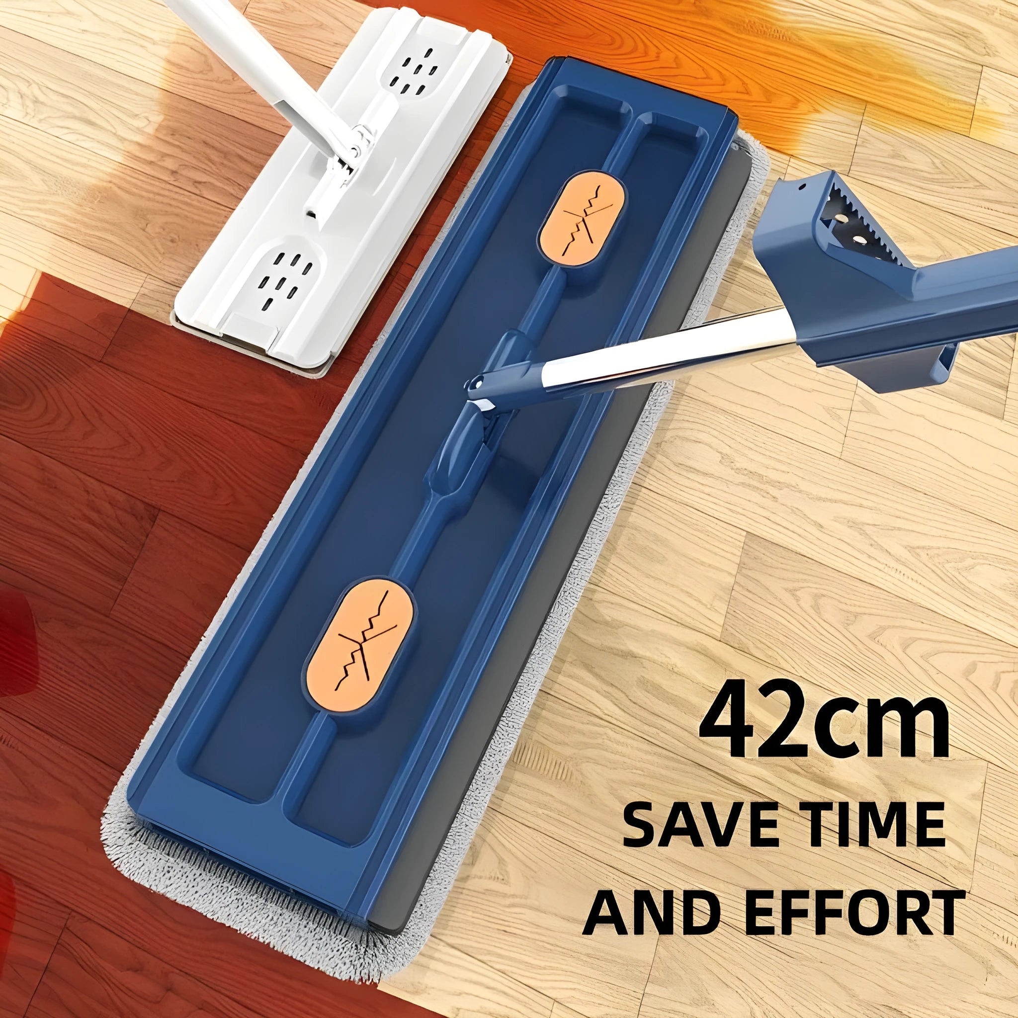 Large flat mop with stainless steel handle and blue cloth on hard floor