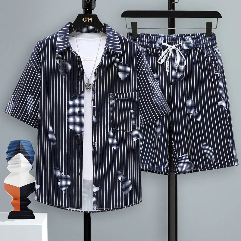 Men's grey casual polyester two-piece set with short sleeve top and matching shorts on a hanger.