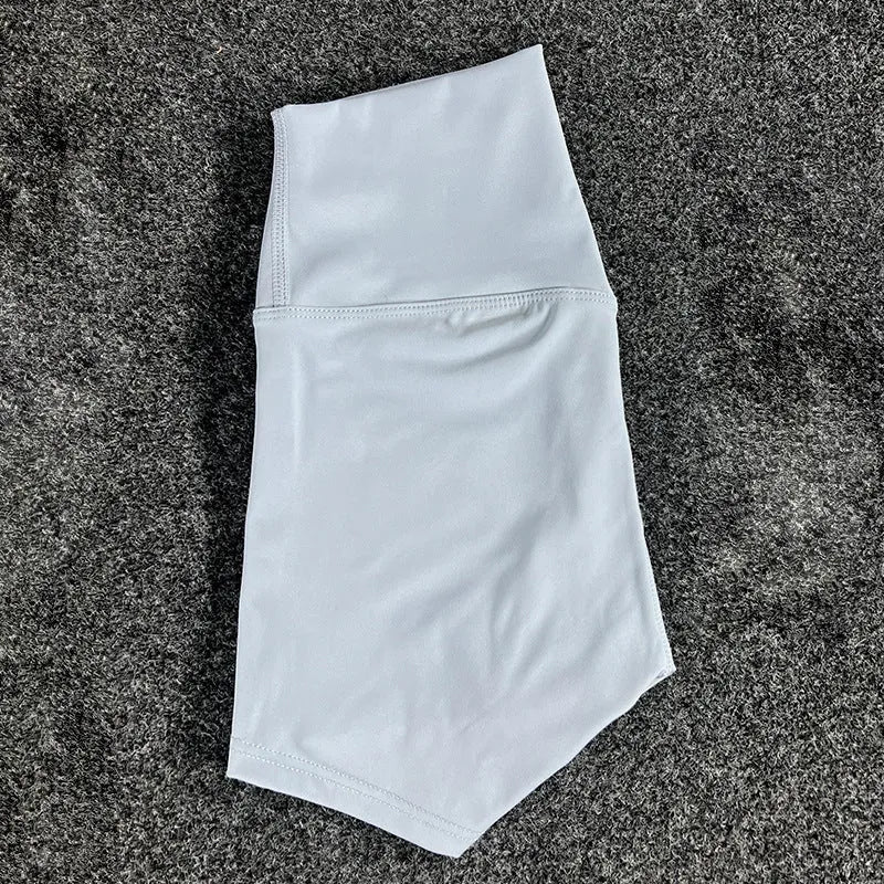 Ladies high waist yoga shorts in nylon fabric, shown in multiple colour options.