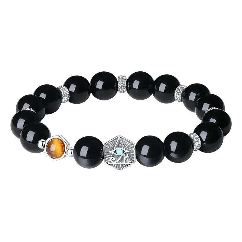 Men's S925 sterling silver bracelet with 8mm obsidian God's Eye geometric design