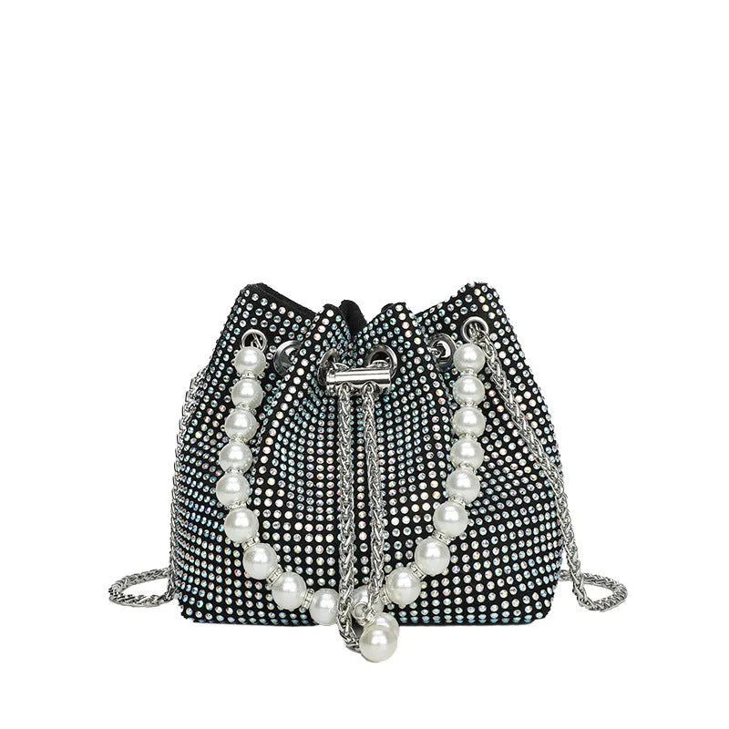 Western-style diamond shoulder bag with chain crossbody strap in bucket shape