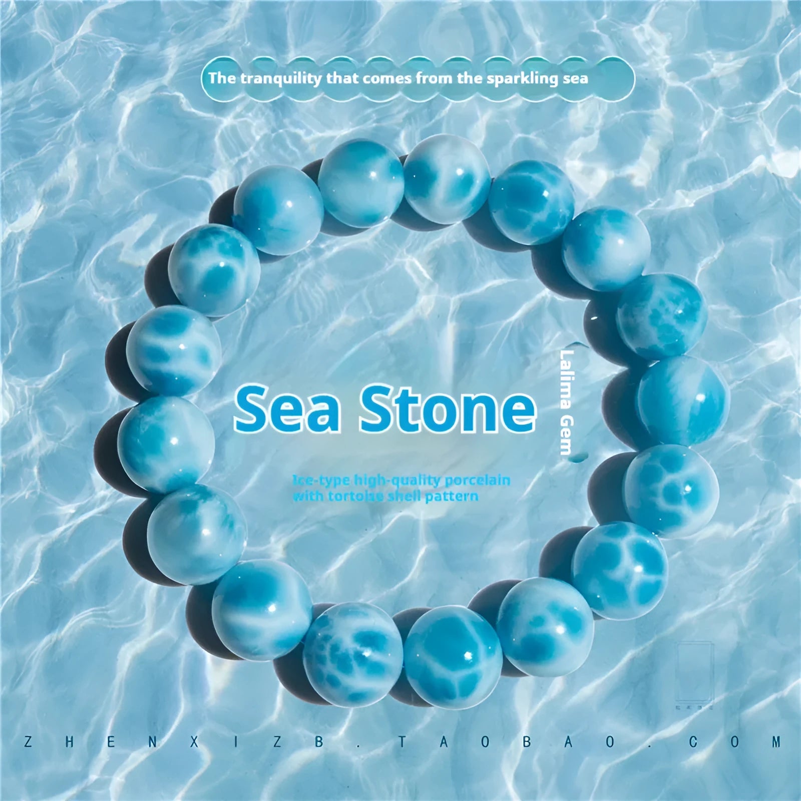 Blue Bodhi bead bracelet with a natural crystal sea-pattern stone charm on a wrist.