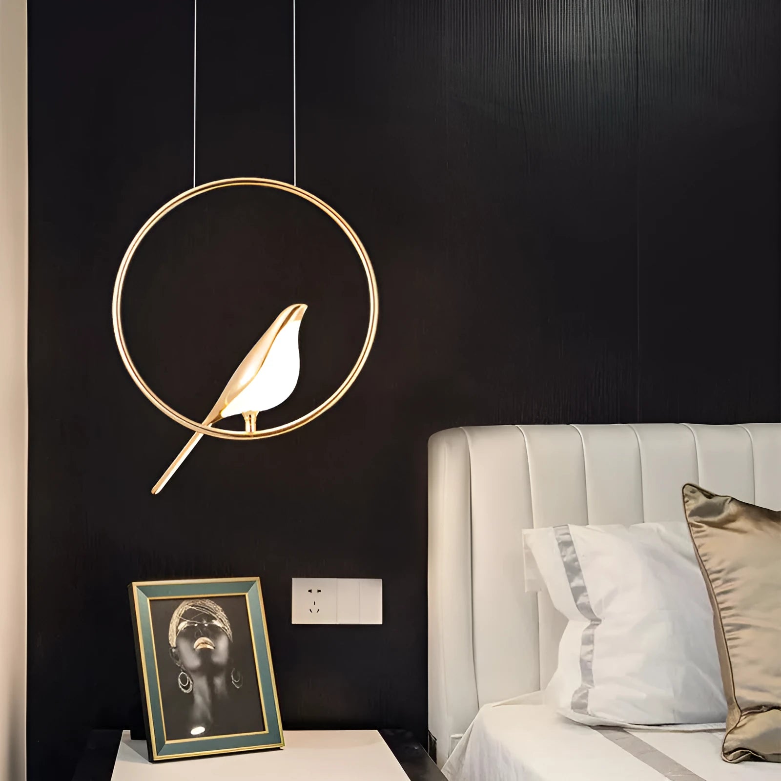 Modern minimalist magpie bird chandelier light fixture with zinc alloy and acrylic construction