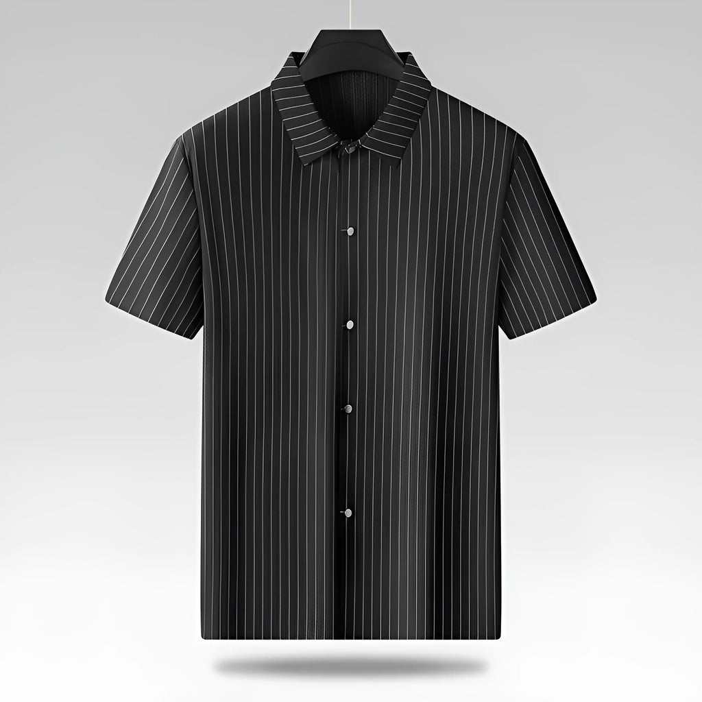 Men's black plus-size striped casual shirt with square collar in loose cardigan fit