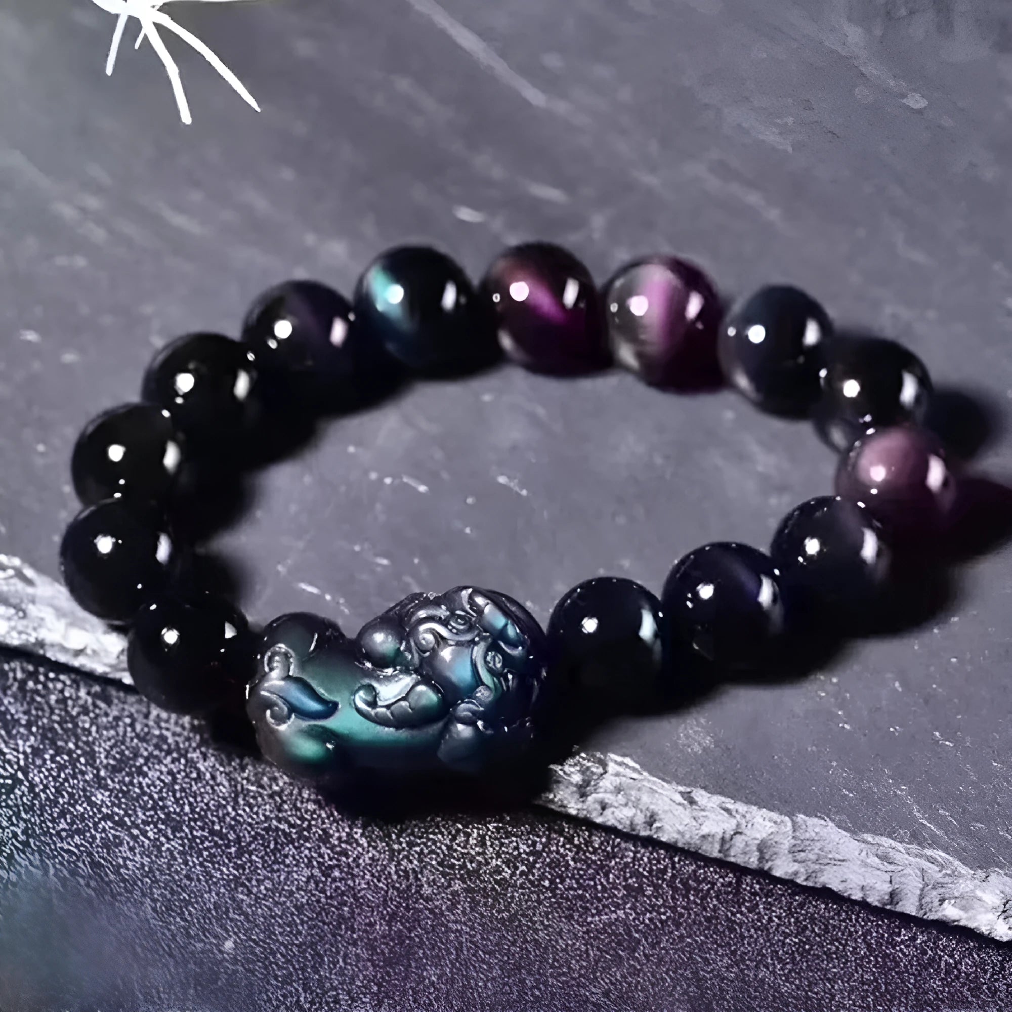 Natural ice colour eye obsidian crystal bracelet with banded patterns, shown in various bead sizes.