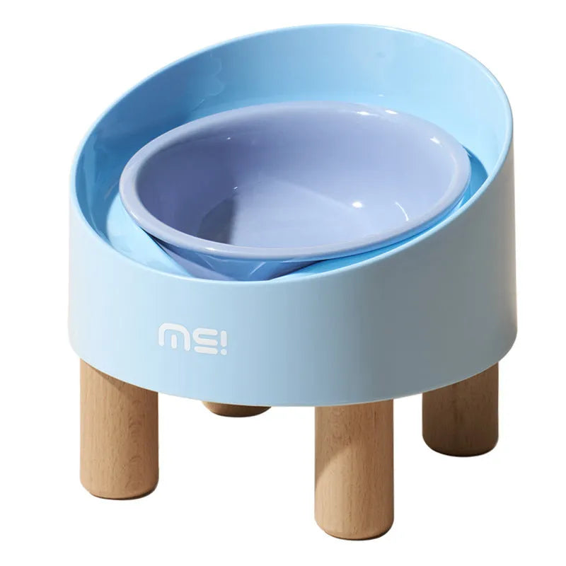 Blue purple cat ceramic food basin with high foot and oblique mouth on beech wooden feet