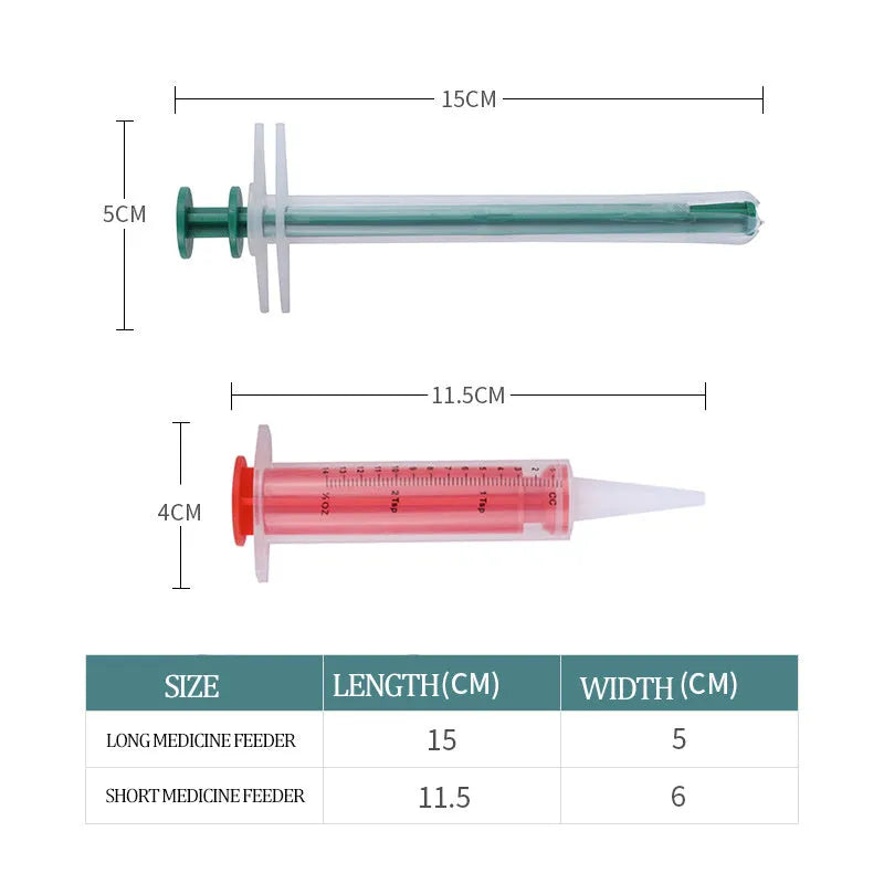 Two silicone pet pill shooters, one larger and one smaller, with soft tips and push rods.