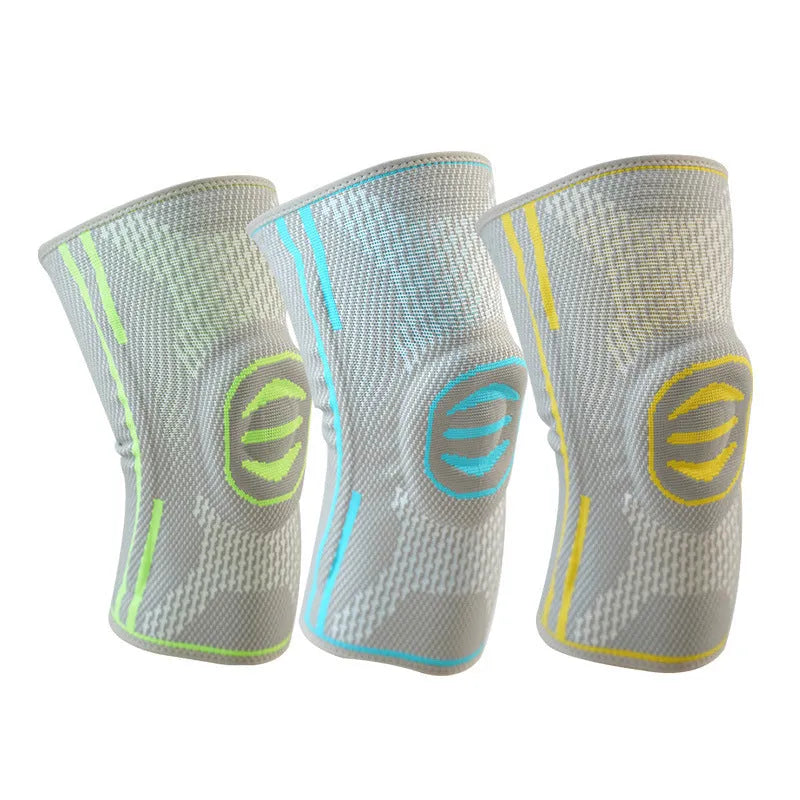 Cotton mountaineering knee cover in green, shown on a knee, with blue and yellow options available.