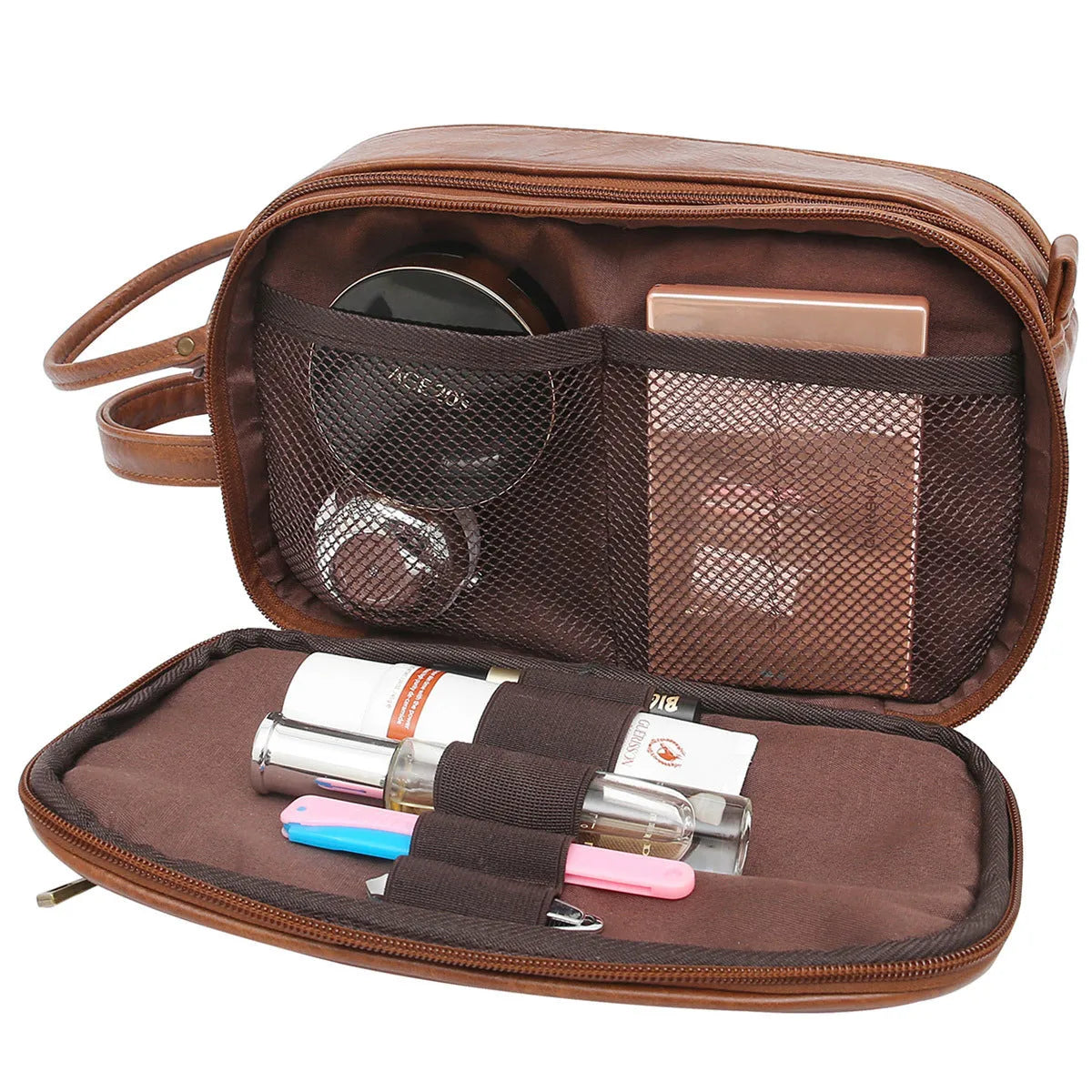 Men's black PU leather toiletry bag with multiple compartments open