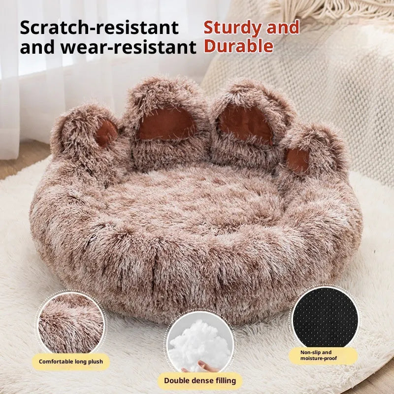 Plush two-colour thickened pet bed for dogs with hand-shaped brush nest texture, available in multiple sizes