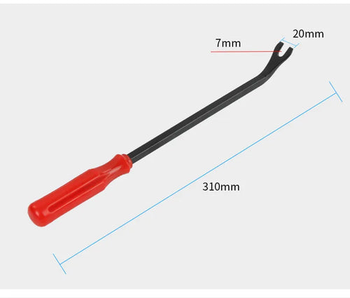 Red-handled steel automotive trim removal pliers for General Motors door panels.