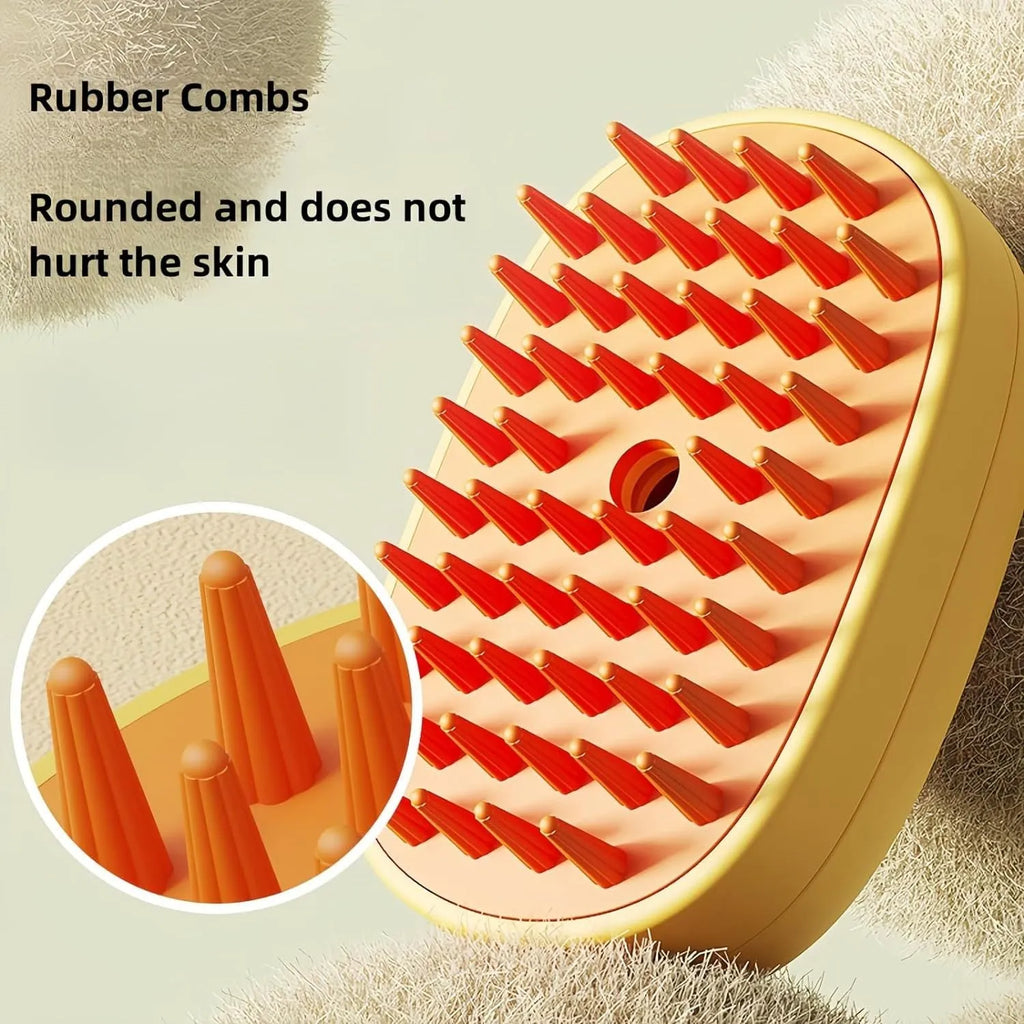 White and yellow rechargeable steam brush for grooming dogs and cats on a table.