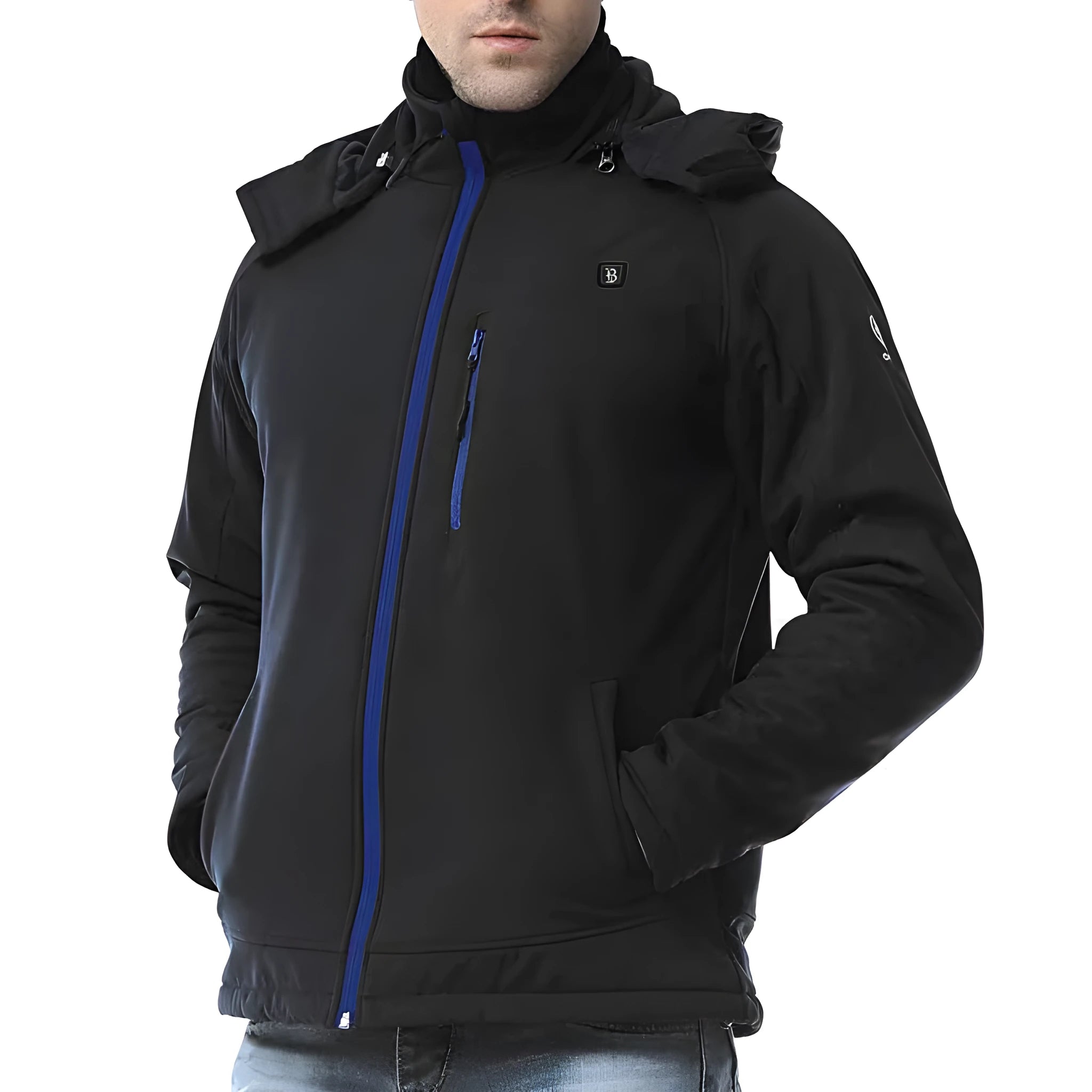 Black USB heated waterproof winter coat for men with zipper pockets, shown in size L.