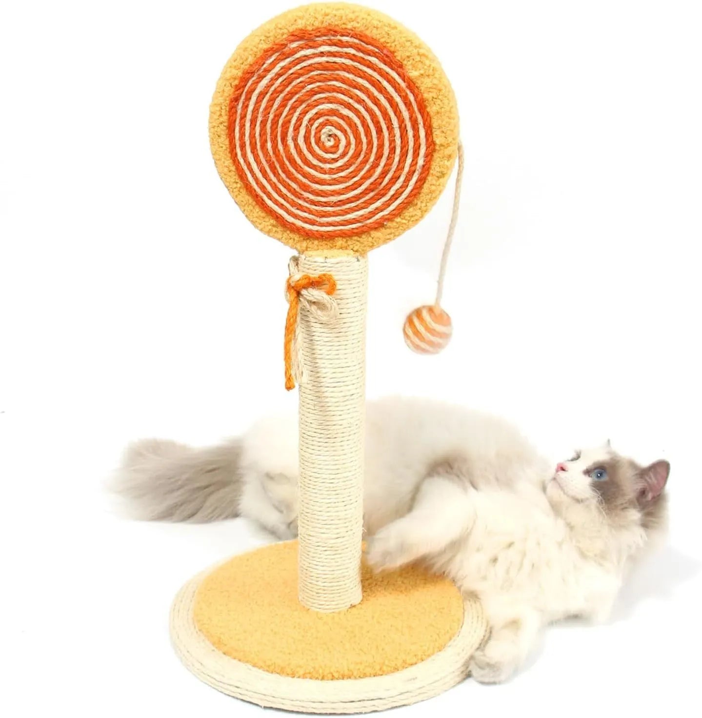 Blue cat scratching post with sisal rope centre and a hanging ball on a sturdy wooden base.
