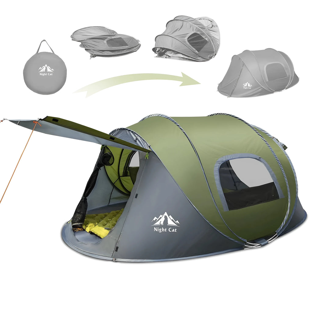 Dark green automatic pop-up camping tent for two people showing dimensions and waterproof features