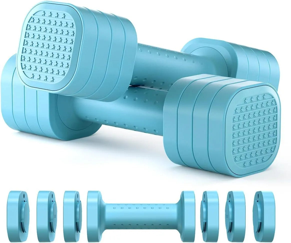 A pair of 5lb detachable dumbbells for women's fitness, shown in a choice of pink, blue, black, or purple colours.