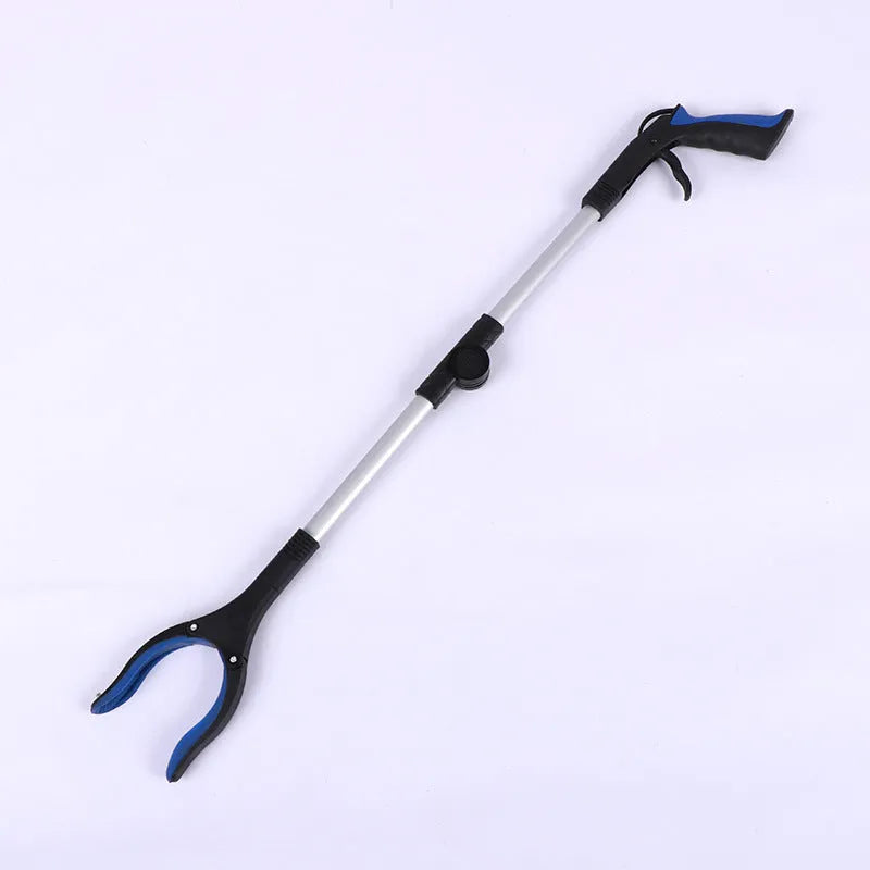 Foldable aluminium rubbish pick-up claw with blue handle, shown extended and with magnet sucker.