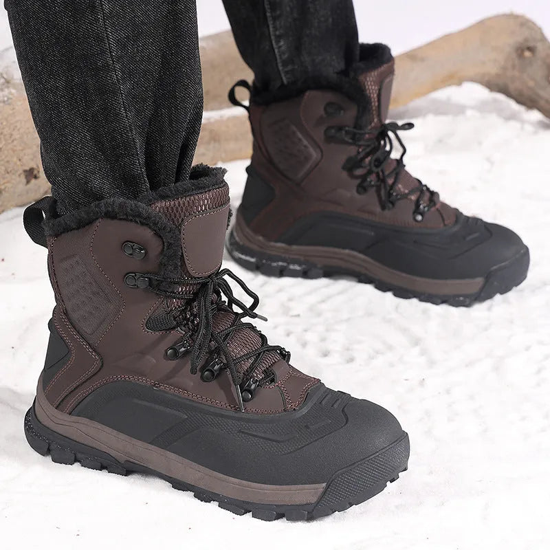 Men's black fleece-lined high-top boots with flat heel and lace-up front.