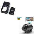 Black mini magnetic GPS tracker device showing dimensions and USB charging port