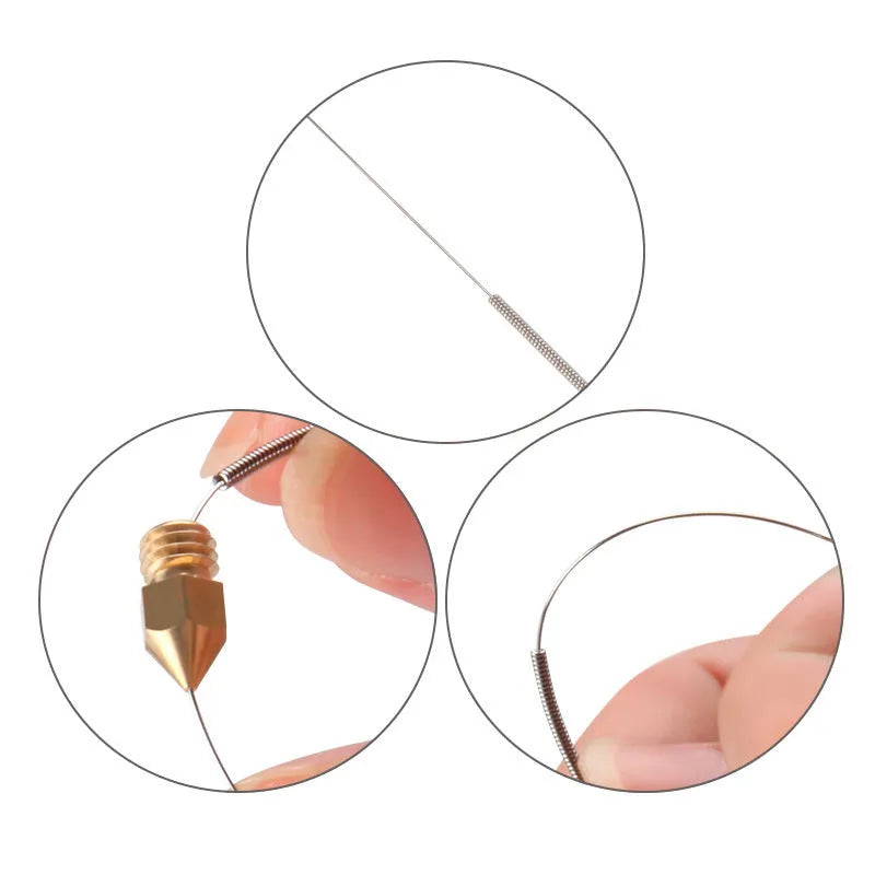 Pack of ten metal cleaning needles for Mk8 and E3D 3D printer nozzles in various diameters.