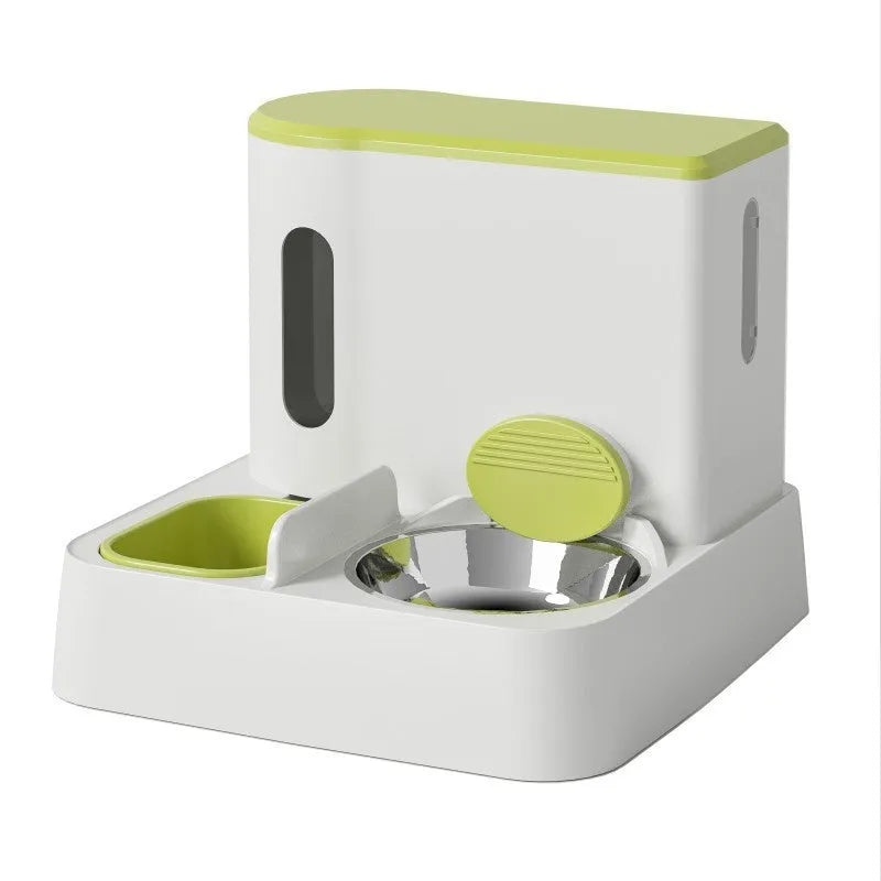 Automatic cat feeder and water dispenser with integrated double bowl in grey, green, or yellow