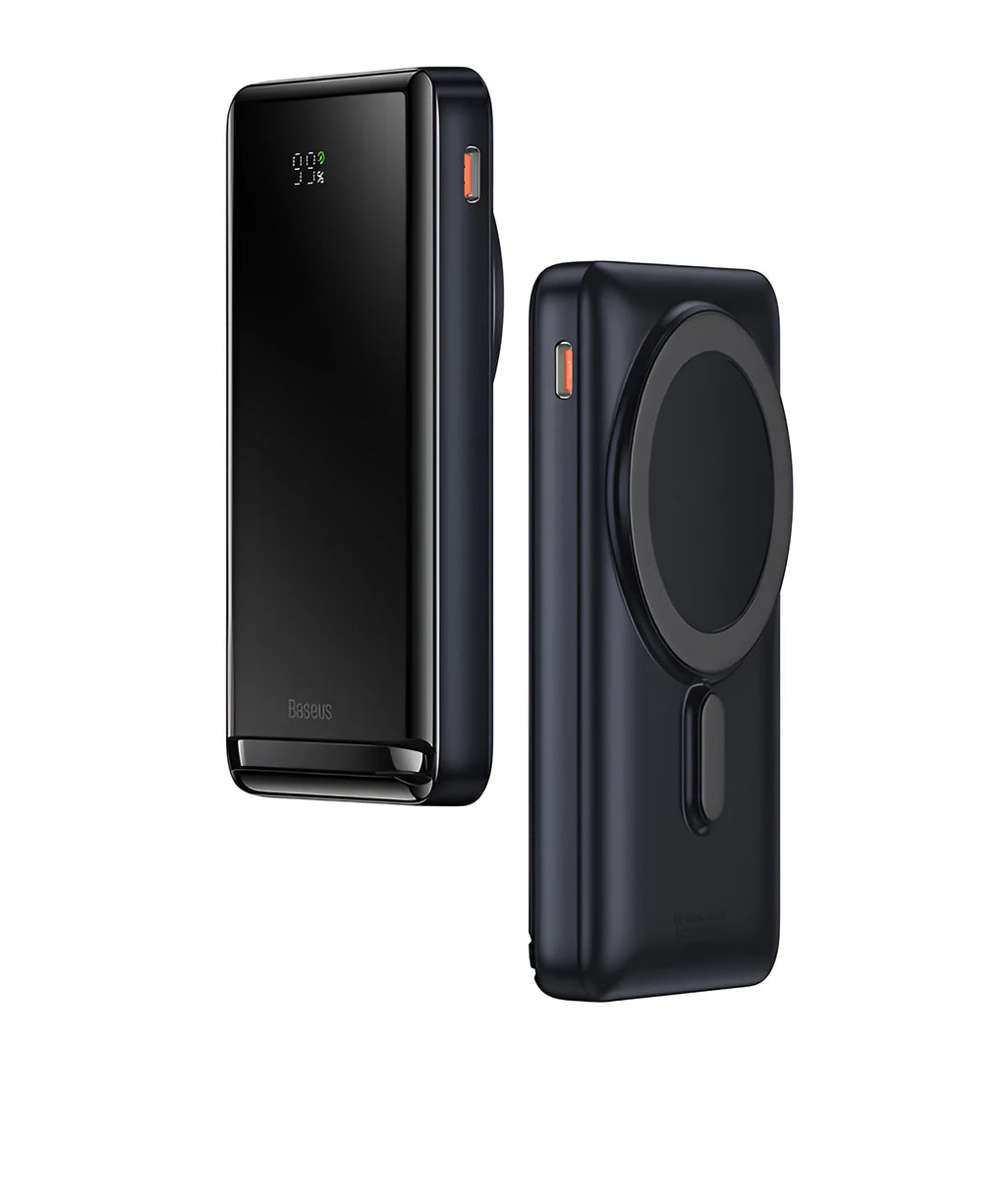 Blue 3-in-1 magnetic power bank with wireless charging capability showing compact dimensions