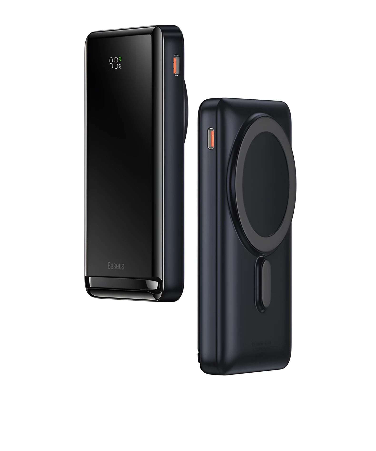 Blue 3-in-1 magnetic power bank with wireless charging capability showing compact dimensions
