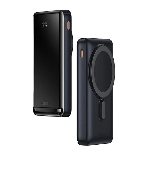 Blue 3-in-1 magnetic power bank with wireless charging capability showing compact dimensions