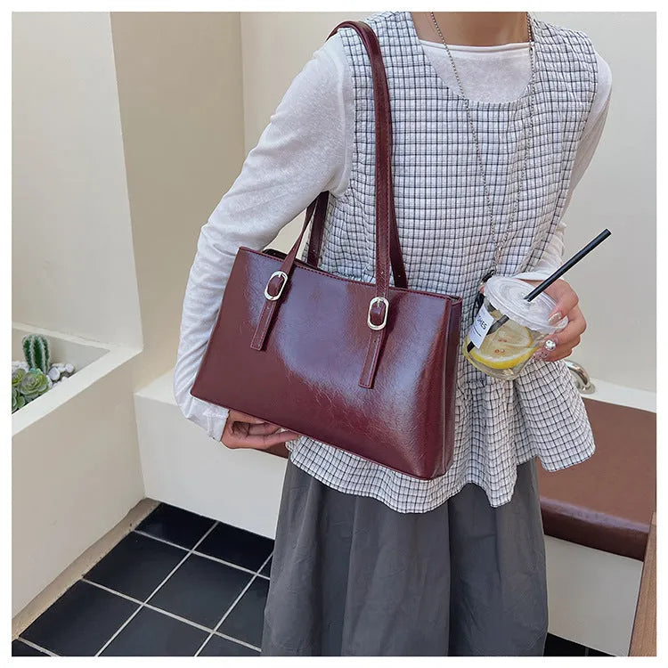 Fashion retro underarm shoulder bag in brown PU with sewing line detail, horizontal square shape
