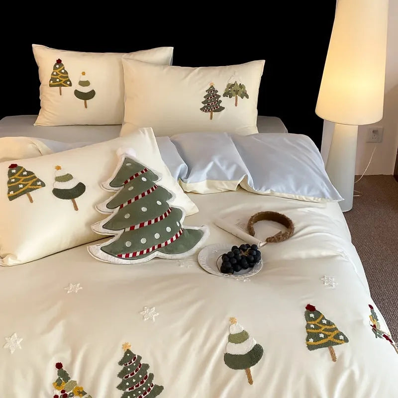 Christmas tree embroidered cotton duvet cover set with pillowcases in cream blue colour
