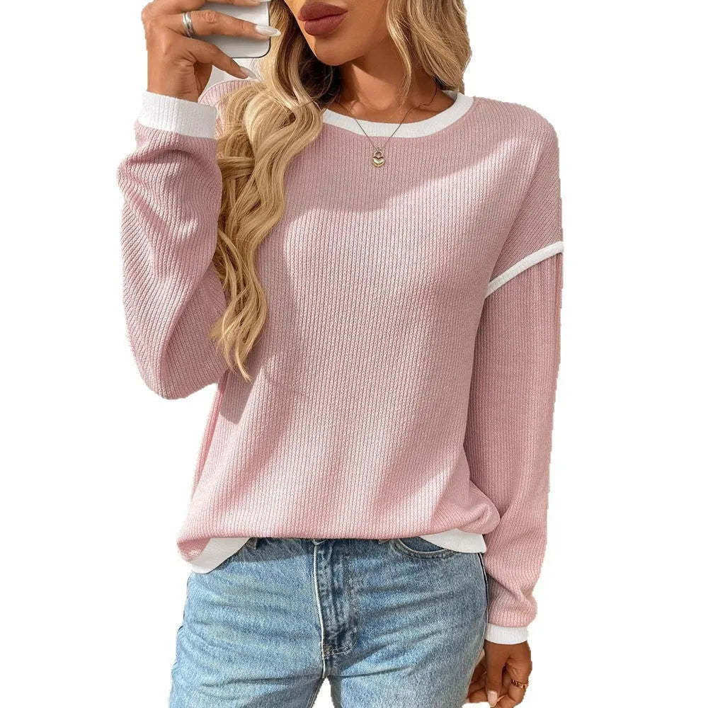 Women's loose round neck long sleeve polyester pullover top in light blue colour