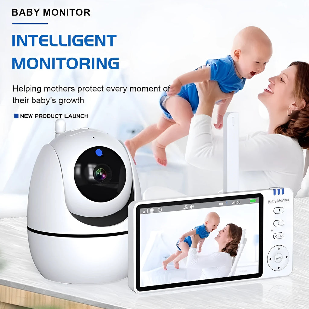 White HD wireless baby monitor with 5-inch screen showing baby room temperature display