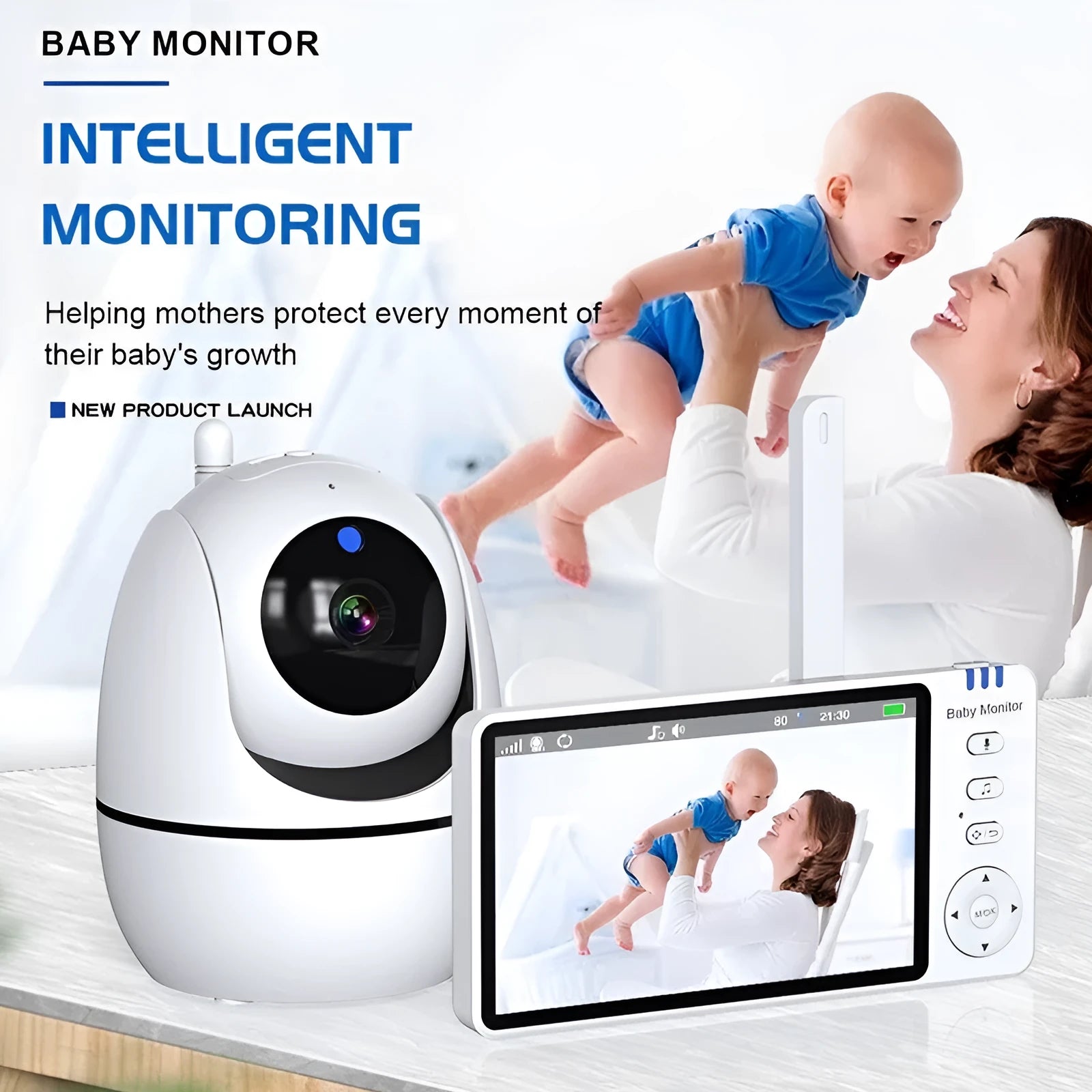 White HD wireless baby monitor with 5-inch screen showing baby room temperature display