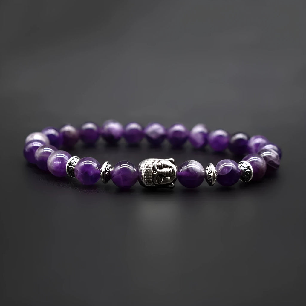 Buddha head bracelet with 19mm tiger eye stone and amethyst beads on wrist