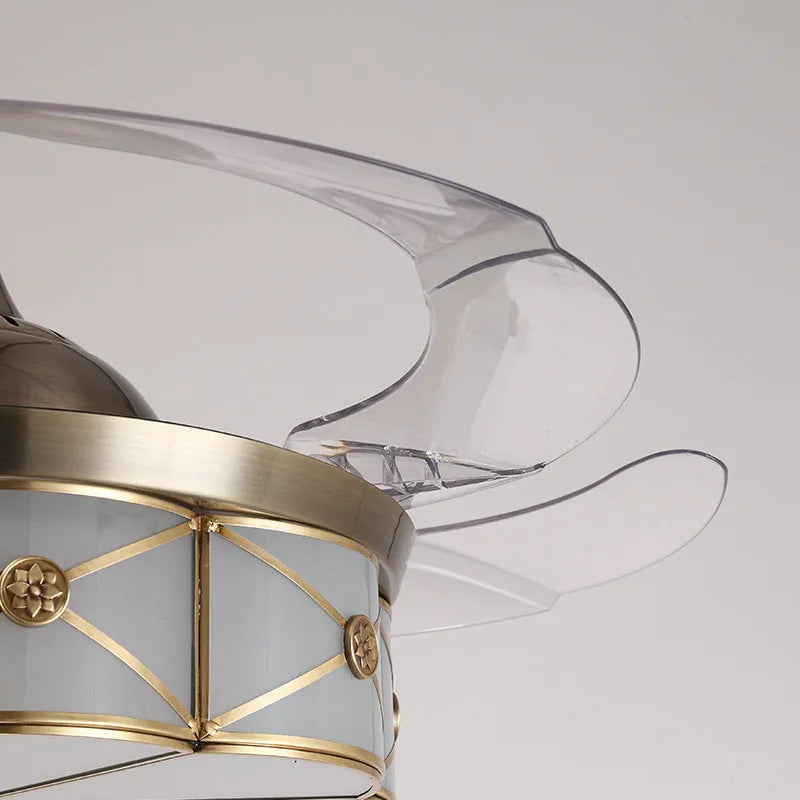 Gold 42-inch ceiling fan light with invisible blades and remote control on a white background.