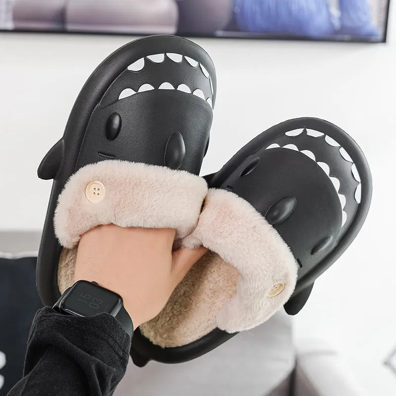 Winter shark button EVA house slippers in haze blue with sewing thread detail on indoor floor