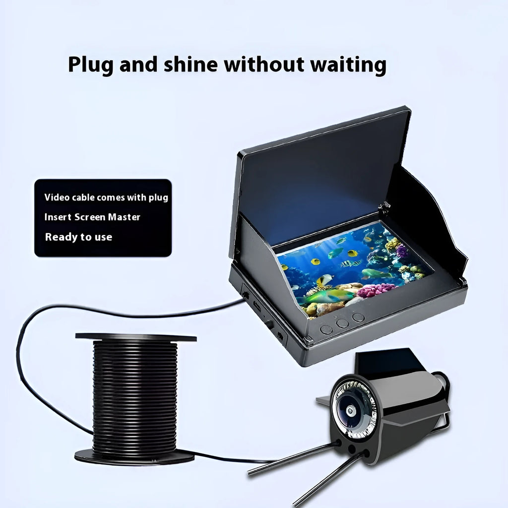 Underwater fish finder HD camera with 4.3-inch screen and temperature sensor on a fishing boat.