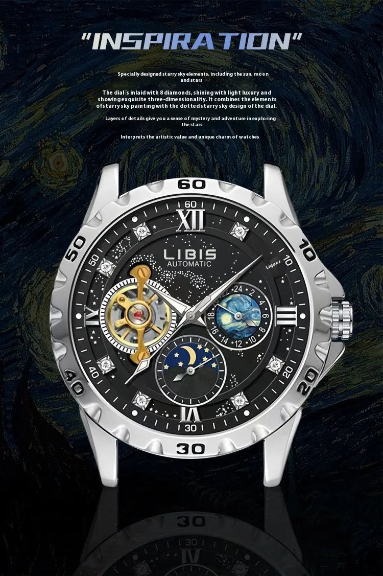 Men's silver automatic mechanical watch with black starry dial and steel bracelet