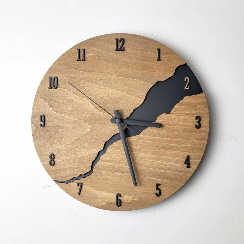 Wooden wall clock with creative crack pattern design in modern circular style